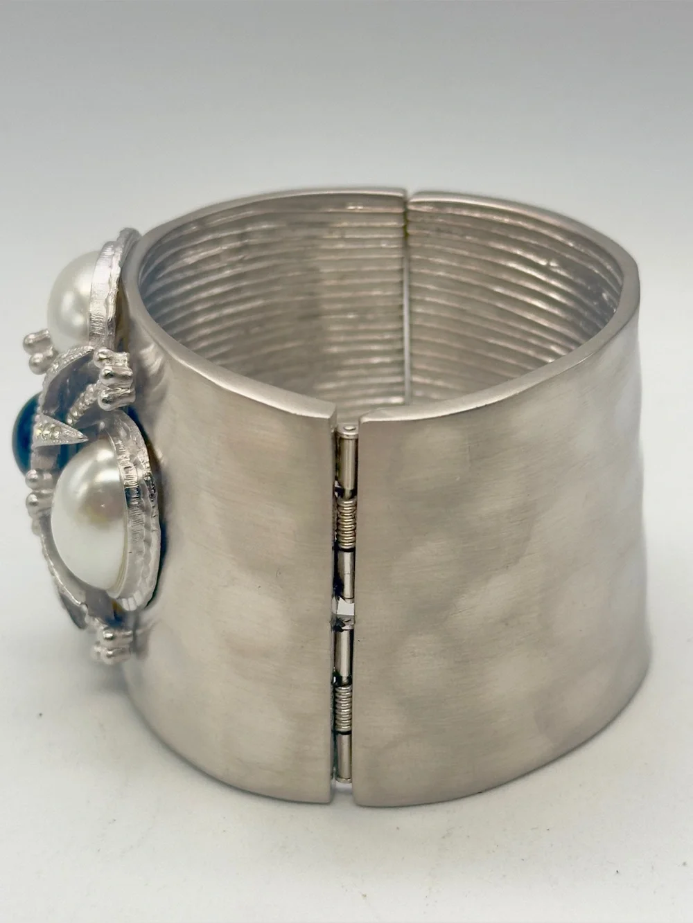 Vintage St John Cuff Bracelet Silver Tone Hinge Bangle Pearl Rhinestone 80s